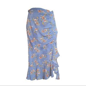 NEW Max Studio Bubble Crepe Side Cinched Skirt Blue Floral Ruffle Wrap Women M